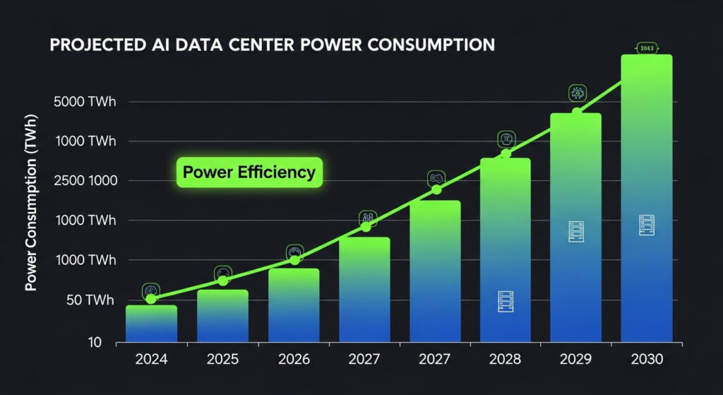 데이터센터 전력 효율 수요 급증을 보여주는 연도별 그래프