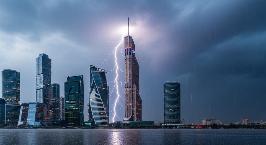 금융 시장 전망의 위기를 상징하는 번개 치는 도시 전경