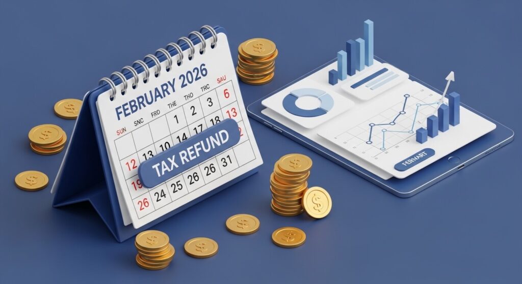2026 연말정산 환급금 지급일 일정을 안내하는 금융 테마 이미지