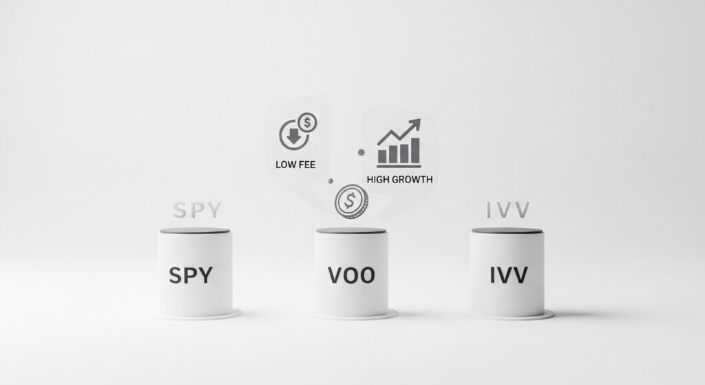2026년 2월 현재 VOO, SPY, IVV의 주가 및 운용 보수를 비교한 인포그래픽 자료