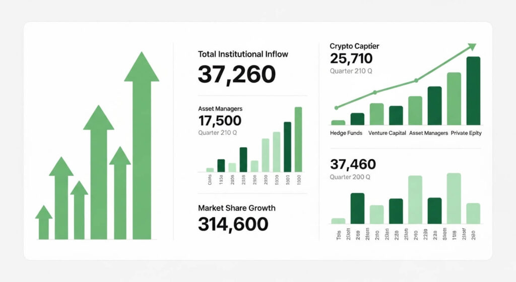 기관 투자자 유입이 증가하는 모습을 나타내는 전문적인 데이터 인포그래픽.