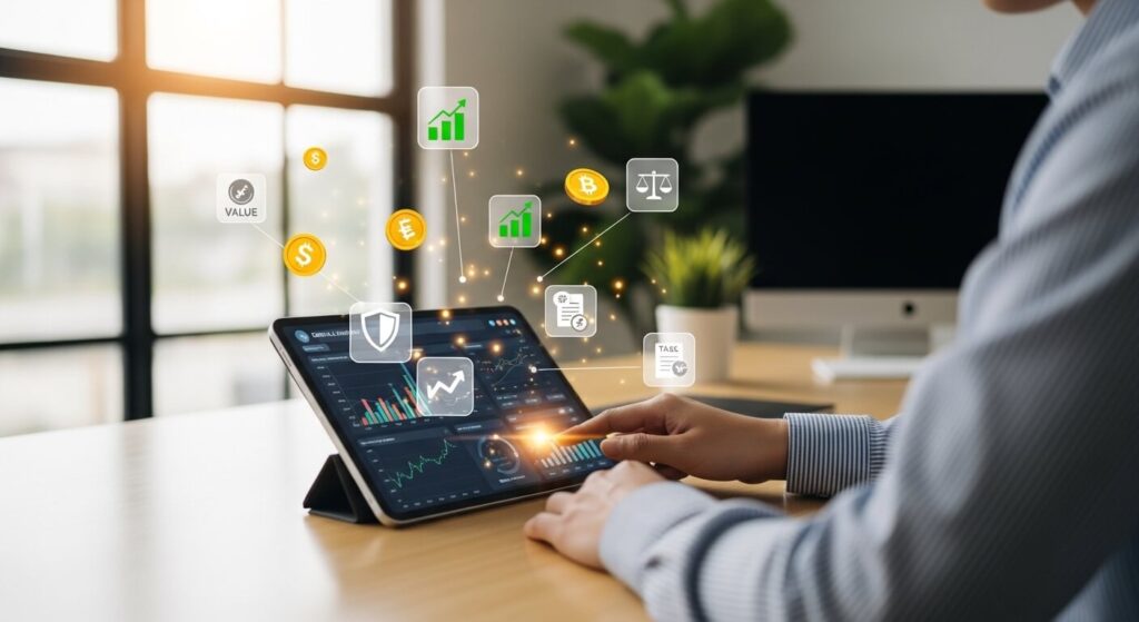 암호화폐 절세 전략 수립을 위해 자산을 관리하는 모습의 고화질 이미지.