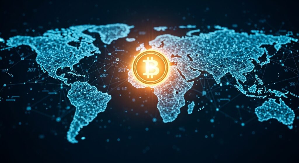글로벌 정치적 불확실성 속에서 가치가 부각되는 비트코인과 세계 지도.