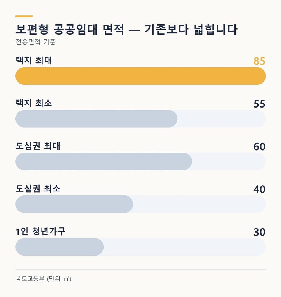 보편형 공공임대 면적 - 택지 전용 55~85제곱미터, 도심권 40~60제곱미터