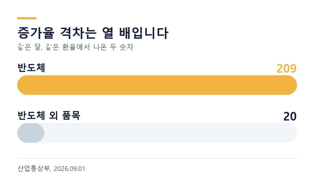 반도체 209퍼센트와 반도체 외 품목 20퍼센트 수출 증가율 비교