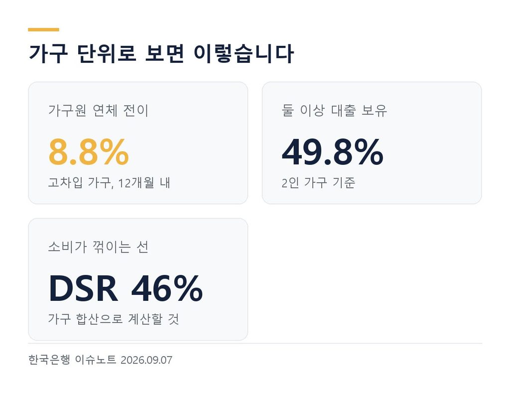 가계부채 가구 단위 요약 - 전이 8.8%, 복수대출 49.8%, DSR 46%