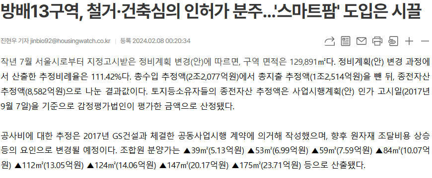 하우징워치 방배13구역 정비계획 변경안 추정비례율 111.42% 조합원 분양가 84㎡ 10.07억원 기사 화면