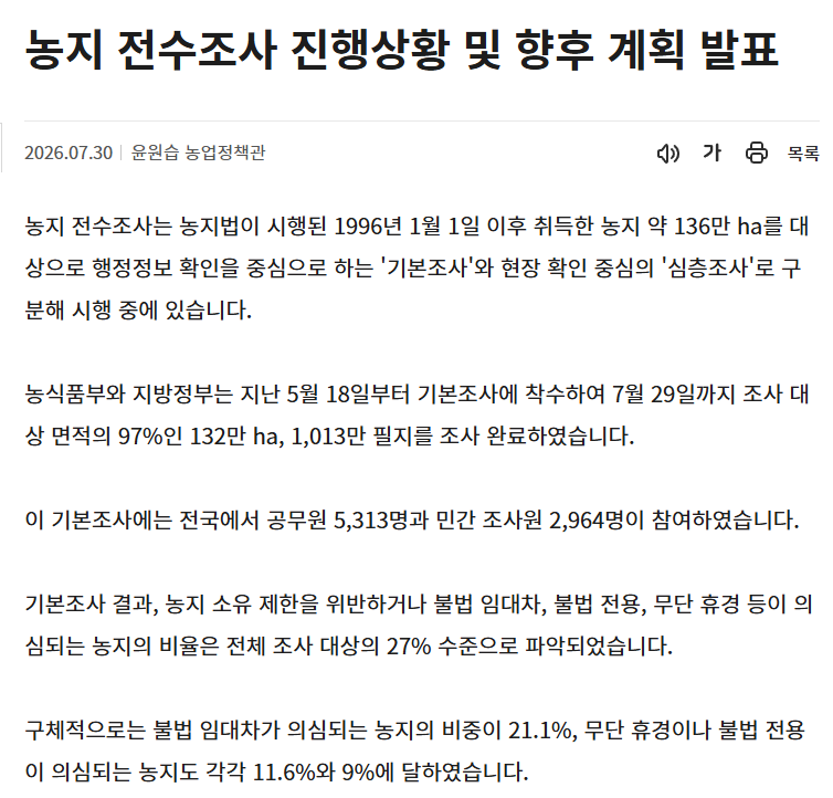 농지 전수조사 진행상황 정책브리핑 화면 캡처 - 1996년 이후 취득 농지 136만ha, 위반 의심 27%