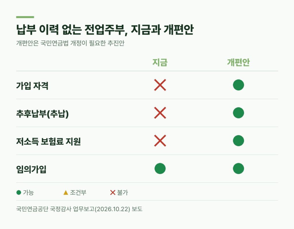 국민연금 임의가입 전업주부 지금과 1인 1연금 개편안 가입 자격 추납 보험료 지원 비교